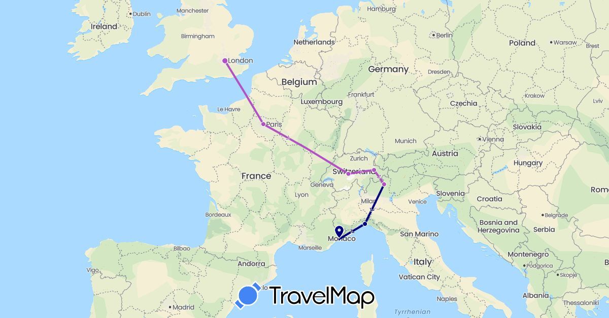 TravelMap itinerary: driving, train in Switzerland, France, United Kingdom, Italy (Europe)